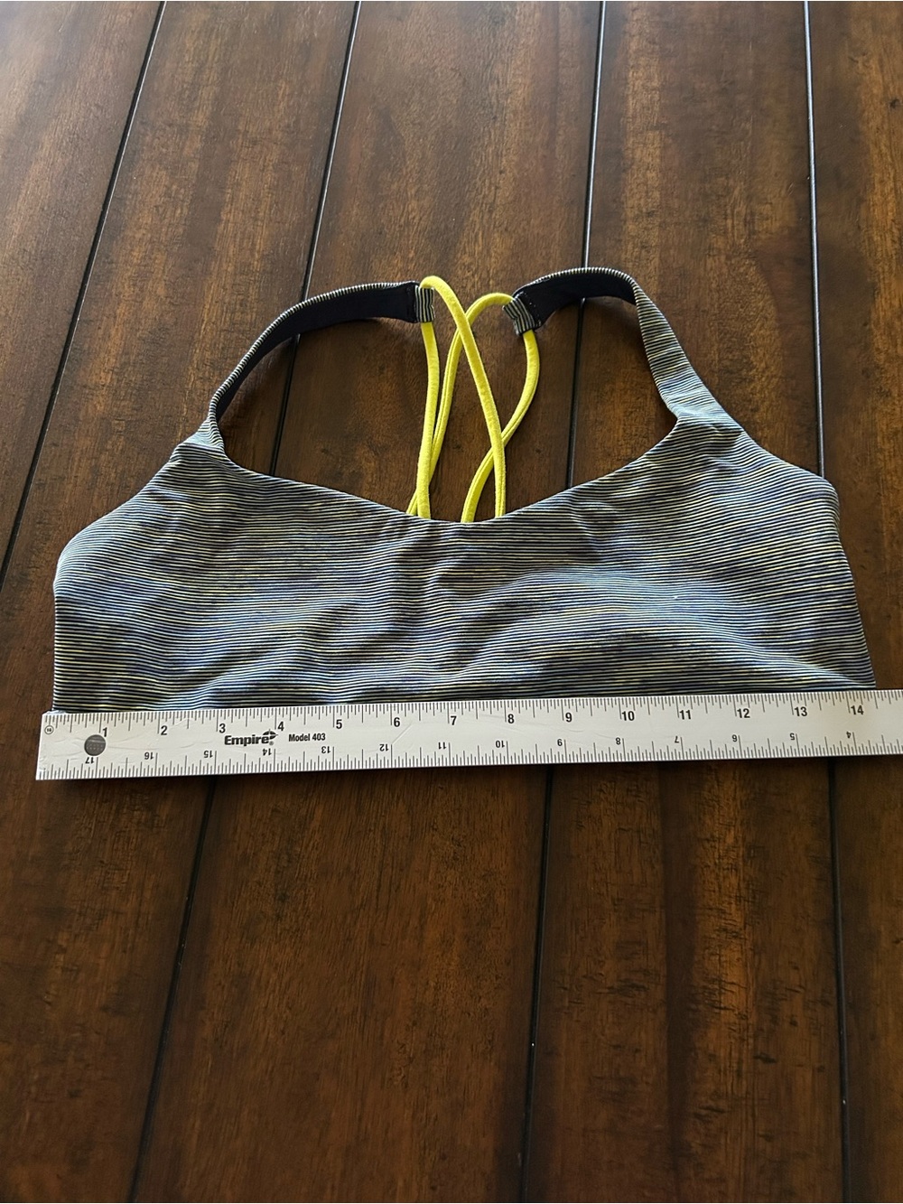 lululemon athletica Gray Striped Sports Bra with Neon Yellow Crisscross Straps - Picture 2 of 6